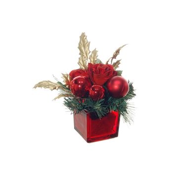 Composizione artificiale rosa, pino, agrifoglio HALANA con palline, vetro decorativo, rosso-oro, 13cm, Ø19cm
