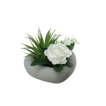 Composizione floreale artificiale di rosa, Agave BEVIS, vaso decorativo, bianco, 14cm, Ø18cm