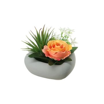 Composizione floreale artificiale di rosa, Agave BEVIS, vaso decorativo, arancio-salmone-bianco, 14cm, Ø18cm
