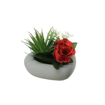 Composizione floreale artificiale di rosa, Agave BEVIS, vaso decorativo, rosso-bianco, 14 cm, Ø18 cm