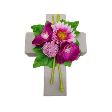 Composizione floreale artificiale di Gerbera, orchidea, Allium ANSGAR, croce, fucsia-rosa, 20x15x9cm
