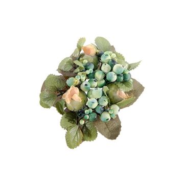 Corona decorativa di candele STELLAN con symphoricarpos, boccioli, verde-blu, Ø10cm