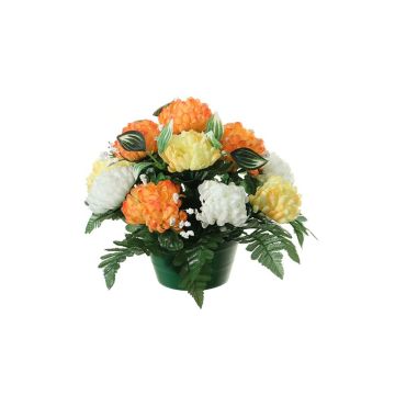 Composizione di fiori finti di crisantemo e velo di sposa YASAR, vaso decorativo, arancio-giallo-crema, 25cm, Ø30cm