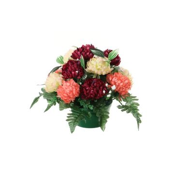 Composizione di fiori finti di crisantemo e velo di sposa YASAR, vaso decorativo, bordeaux-crema salmone, 25cm, Ø30cm