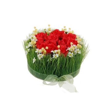 Composizione floreale artificiale di rose, erba HAULANI, rosso-bianco, 12cm, Ø20cm