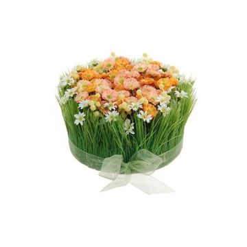 Composizione floreale artificiale di margherite, erba HAULANI, bianco-arancio, 12cm, Ø20cm