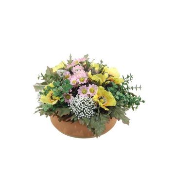 Composizione floreale artificiale di Anemone, Astilbe IGNATIO su piatto, giallo-rosa, 17cm, Ø28cm