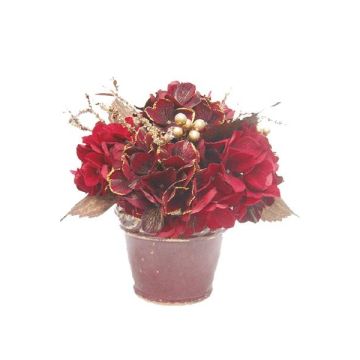 Composizione floreale artificiale di ortensia, bacche SUKI, vaso decorativo, rosso-oro, Ø25cm