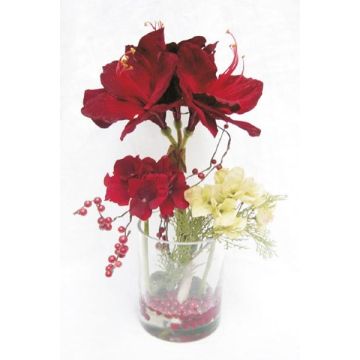 Composizione di fiori finti amaryllis, ortensia TASHI, vetro decorativo, rosso-crema, 40cm, Ø23cm
