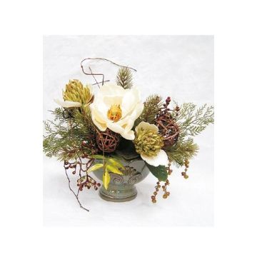 Composizione floreale artificiale di magnolia, protea, bacche TORWI, fioriera, bianco-verde, 31cm, Ø34cm Composizione floreale artificiale di magnolia, protea, bacche TORWI, fioriera, bianco-verde, 31cm, Ø34cm