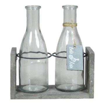 Bottiglia ANYA in vetro, con supporto in legno, 2 bicchieri, trasparente, 18x8x20 cm