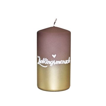 Candela a colonna JARDENA con scritta, Lieblingsmensch (persona preferita), marrone-oro, 13cm, Ø7cm, 52h