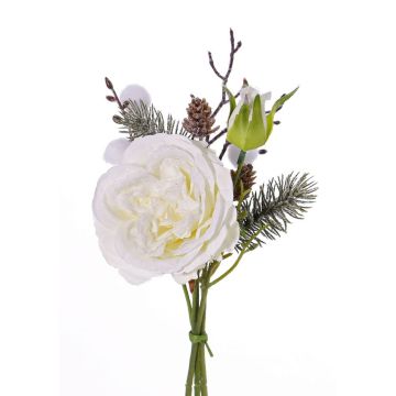 Mazzo di rose sintetico FANNI pigne, innevato, bianco, 30cm, Ø15cm