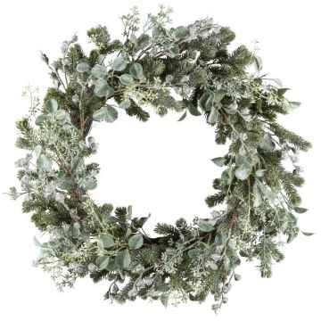 Ghirlanda artificiale eucalipto, abete DUVRA con fiori, congelata, verde-grigio, Ø60cm