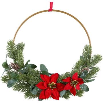 Ghirlanda decorativa Anello floreale Stella di Natale KIRLO, bacche, pigne, rosso, Ø 40 cm