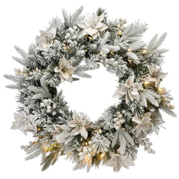 Corona artificiale invernale CARY, bianco, ghiacciato, LEDs, con frutti, Ø60cm