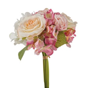 Bouquet di fiori artificiali FOUDILA, rose ortensie, crema-rosa, 25cm