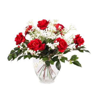 Mazzo di rose artificiali AMELIE, velo di sposa, rosso, 45cm, Ø40cm
