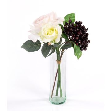 Mazzo di rose finte QUINZY, bacche, rosa-bianco, 30cm, Ø15cm