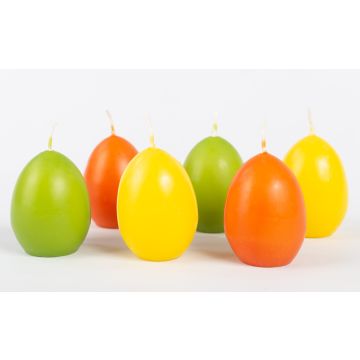 Candele a forma di uovo di Pasqua LEONITA, 6 pezzi, giallo-arancione-verde, 6 cm, 4,5 cm, 7 h - Made in Germany
