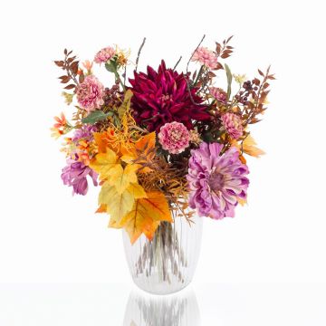 Bouquet autunnale artificiale KALENA, dalia, zinnia, viola-arancio, 40cm, Ø45cm