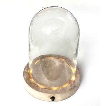 Cupola di vetro BENIGNA con LEDs, base in legno, trasparente, 25cm, Ø17cm